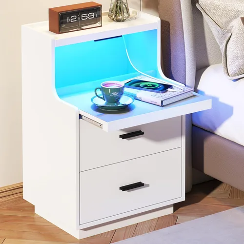 Miniatura 11 de Yusong Mesita de Noche, Mesa de Noche, Mesita LED con Estación de Carga, Mesita Moderna, Mesa de Sofá de Madera con 2 Estantes Deslizantes (Negro)