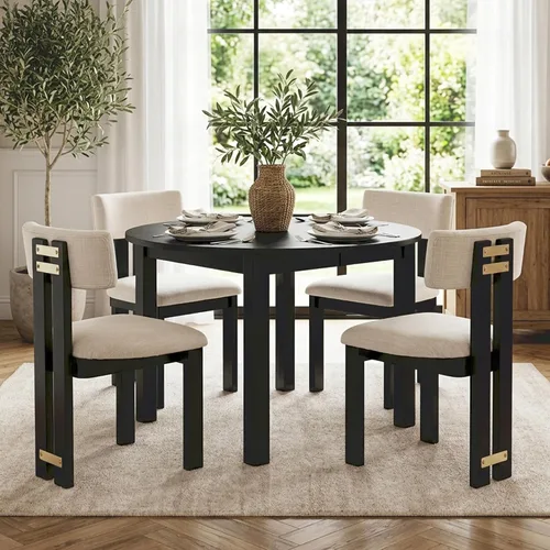Miniatura 17 de HNY Juego de 4 sillas de comedor modernas de lino, tapizadas de tela beige, con marco de madera natural y respaldo curvado, sillas de madera sin