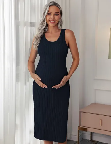 Miniatura 2 de Ekouaer Vestido de maternidad para mujer, de punto acanalado, sin mangas, con abertura lateral, vestido ajustado para embarazo, tallas S-XXL