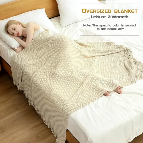 Miniatura 3 de Blagic Manta de punto para sofá, manta suave de estilo bohemio para otoño con borlas, manta ligera decorativa para el hogar, manta beige para cama