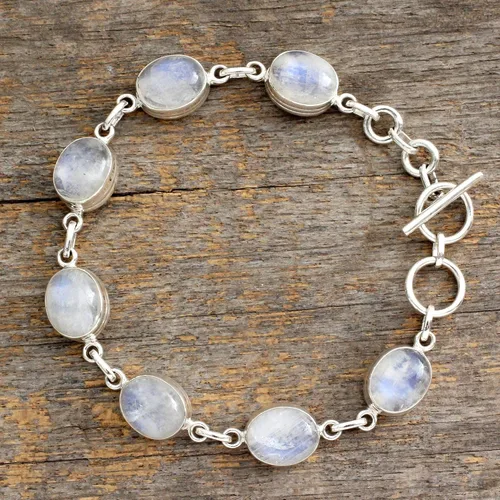 Miniatura 3 de NOVICA Pulsera de eslabones de plata de ley 925 con piedra lunar arcoíris 'Misterios', piedra de luna