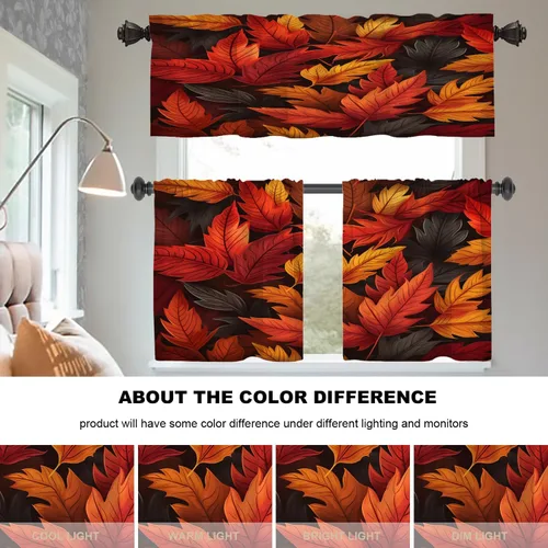 Miniatura 6 de Cortinas de cocina de hojas de arce otoñales para ventanas, hojas verdes y rojas sobre cenefas opacas negras, tratamientos de ventana de poliéster