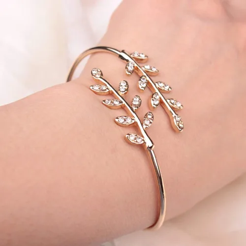 Miniatura 6 de Pulseras de pulsera para mujer diseño de hoja con incrustaciones de diamantes de imitación de moda