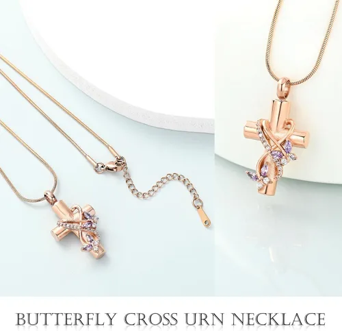Miniatura 10 de Imrsanl Collar de urna de cruz de mariposa para cenizas, hombres y mujeres, joyería de cremación, colgante de cenizas para cenizas conmemorativas