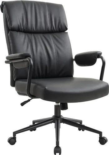 IWMH Silla de escritorio de oficina en casa, cómoda silla ergonómica de mediados de siglo moderna de tela de piel sintética con soporte lumbar,