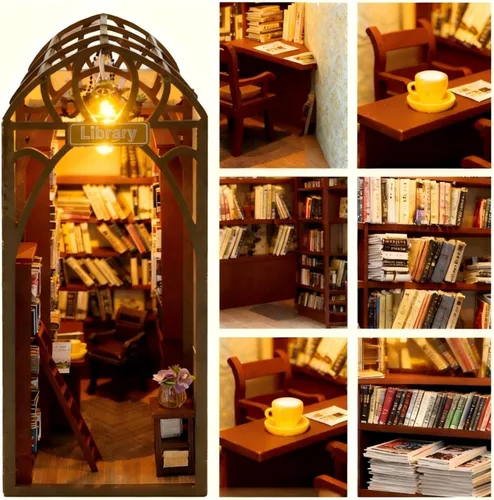 Miniatura 2 de Kit de rincón de libros para bricolaje con luces LED, rompecabezas de madera 3D para insertar en estantería y decoración de casa de muñecas, kit