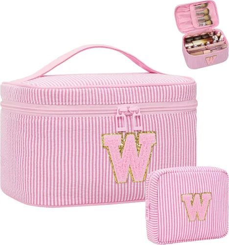 Miniatura 109 de Juego de bolsas de maquillaje con iniciales para niñas y mujeres, bolsa de cosméticos con monograma con soporte para cepillos, estuche de maquillaje