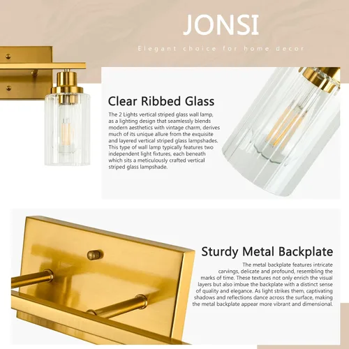 Miniatura 7 de Jonsi Accesorios de iluminación de baño dorados, 2 luces de tocador de oro cepillado con pantalla de vidrio estriada, luces modernas sobre espejo