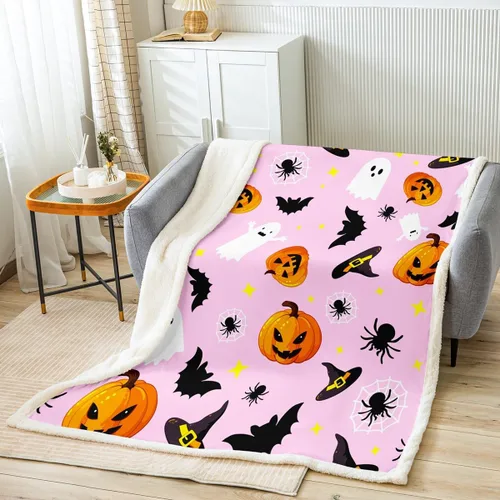 Miniatura 13 de Manfei Manta de Halloween con farol de calabaza, fantasmas, para decoración de habitación de niños y niñas, manta de araña negra para sofá, manta