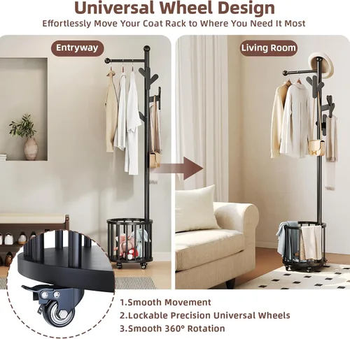 Miniatura 5 de CozyDH Perchero de madera con soporte para paraguas y ruedas, perchero independiente con múltiples ganchos, resistente para entrada, dormitorio