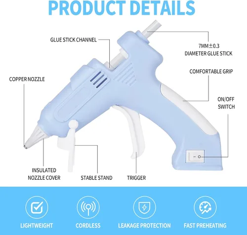 Miniatura 5 de Pistola de pegamento caliente inalámbrica, kit de pistola de pegamento de precalentamiento rápido recargable con 20 barras de pegamento blanco