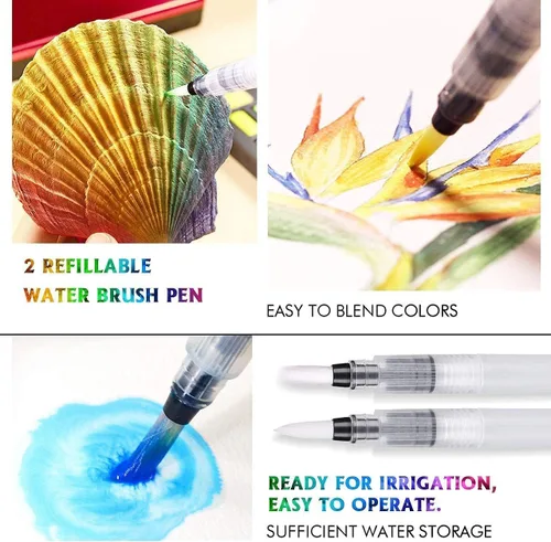 Miniatura 8 de Emooqi Juego de pinturas de acuarela, pintura sólida de acuarela con purpurina metálica, incluye 12 colores metálicos con purpurina, 2 pinceles