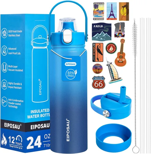 Miniatura 15 de Botella de agua aislada con tapa, bota y calcomanías, botella de acero inoxidable de 24 onzas, sin sudor, mantiene el frío las 24 horas, botella