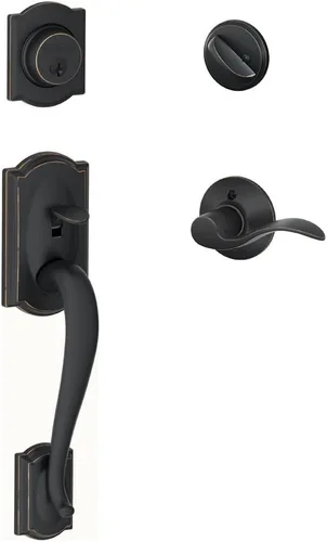 SCHLAGE Camelot Juego de manillas de un solo cilindro y palanca de acento izquierda, bronce envejecido (F60 CAM 716 Acc LH)