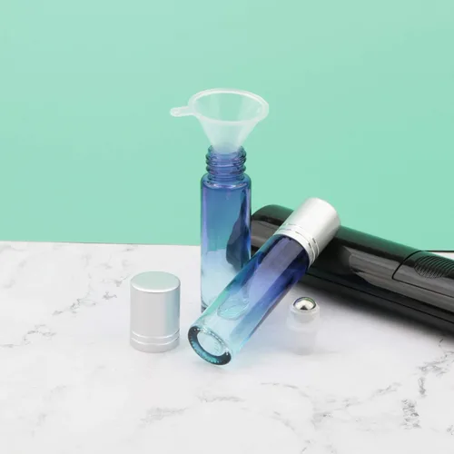 Miniatura 4 de Juego de 10 botellas enrollables de vidrio, 0.3 fl oz (1/3 onza), tarros de rodillo de gradiente azul con abridor de embudos, frascos de vidrio