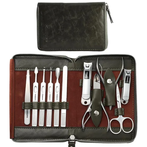 Miniatura 15 de FAMILIFE - Kit de manicura profesional para uñas, 11 en 1, de acero inoxidable, con estuche de viaje portátil de cuero negro, regalos de lujo para él