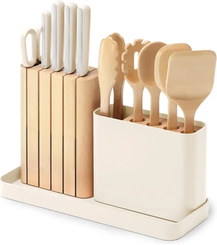 Caraway Juego de utensilios de cocina de 14 piezas, juego de cuchillos de cocina y utensilios de madera, fabricado con cuchillas de acero alemán de