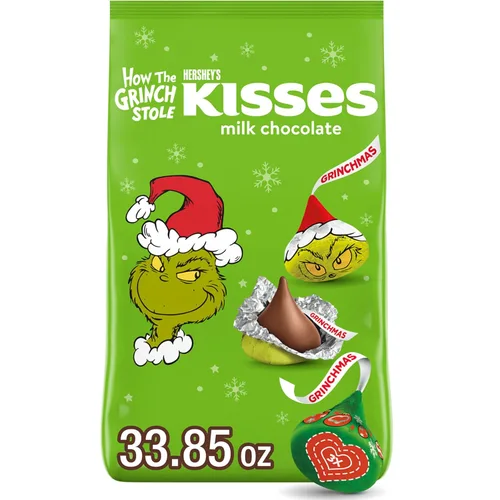 HERSHEY'S KISSES Grinch - Bolsa a granel de chocolate con leche, caramelo de Navidad, 33.85 onzas