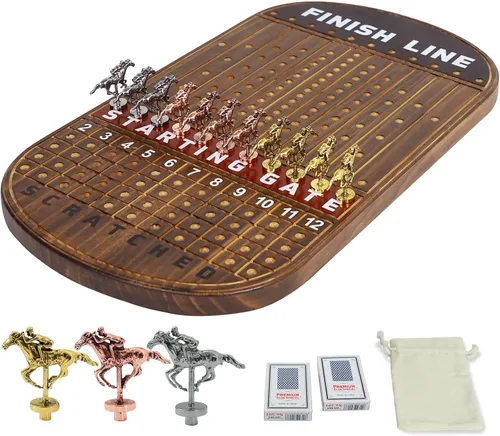 Jyquorp Juego de mesa de carreras de caballos, juego de carreras de madera maciza con 11 lujosos caballos de metal clásicos duraderos con 4 dados y