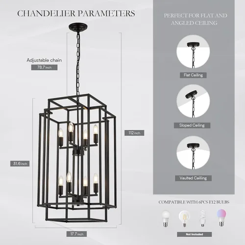 Miniatura 2 de lámpara colgante de farol de 8 luces en forma de escalones, lámpara de araña de granja de metal negro para colgar en vestíbulo de entrada, comedor