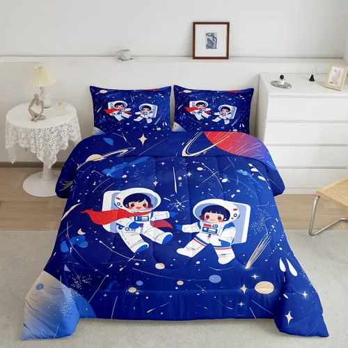 Miniatura 9 de Manfei Juego de edredón de astronauta de dibujos animados, tamaño individual, juego de ropa de cama colorido de cielo estrellado galaxia para niños