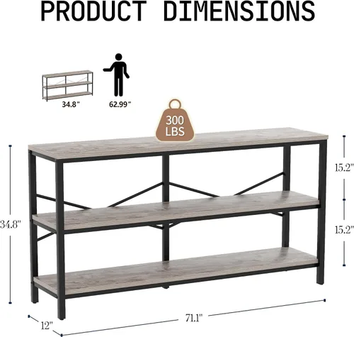 Miniatura 2 de Mesa consola industrial de 71 pulgadas detrás del sofá, mesa de sofá extra larga con estantes de almacenamiento de madera de 3 niveles, mesa de TV