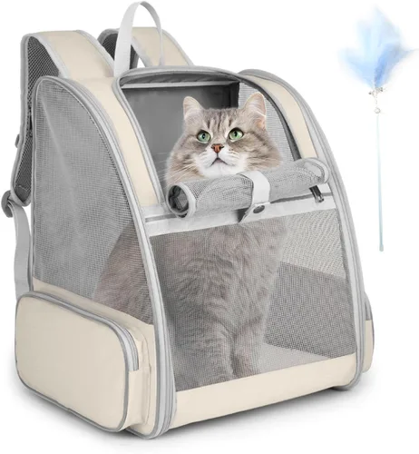 Mochila transportadora para gatos, mochila grande para mascotas con varita de gatito, juguete de plumas para perros medianos y pequeños, gatos,