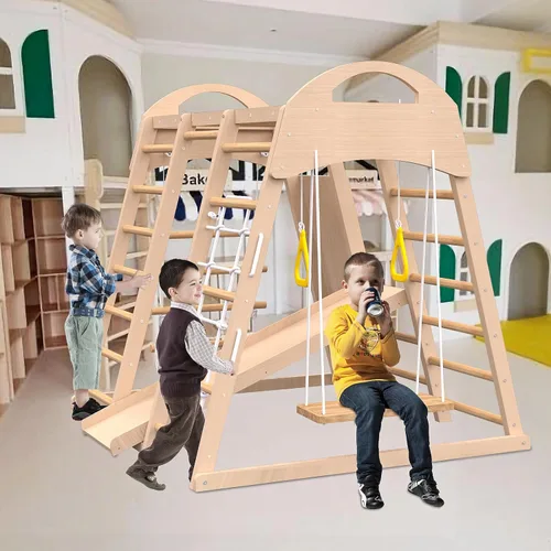 Miniatura 3 de Juego de gimnasio 7 en 1 para interiores, escalador Montessori con tobogán, pared de escalada, escalador de pared de cuerda, barras de mono
