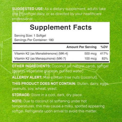 Miniatura 2 de DEAL SUPPLEMENT Suplemento de vitamina K2 de 600 mcg, 180 cápsulas blandas de aceite de coco Formas MK-7 y MK-4 de alta absorción de espectro