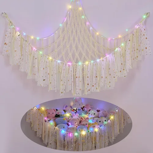 Miniatura 20 de FIOBEE Red de Animales de Peluche o Hamaca con Luz LED, Hamaca de Juguetes Colgante Organizador de Almacenamiento Soporte para Animales de Peluche