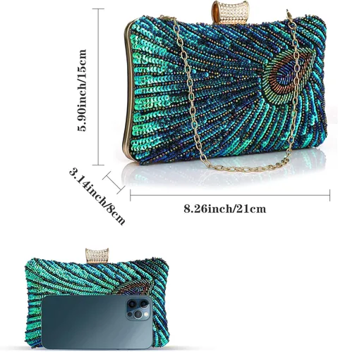 Miniatura 3 de BWKUNOLF Bolsos de mano de lentejuelas con cuentas de pavo real para fiesta y boda