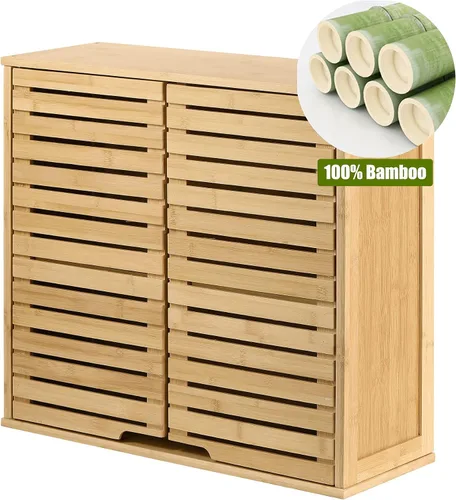 Miniatura 5 de Armario de almacenamiento de bambú montado en la pared para baño con puertas dobles, estante ajustable de 2 niveles, organizador sobre inodoro