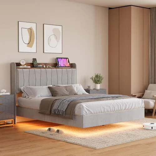 Miniatura 8 de GarveeHome Marco de Cama Flotante Full con Luces LED y Estación de Carga USB – Cama Plataforma Moderna Tapizada con Cabecero, Soporte de Listones