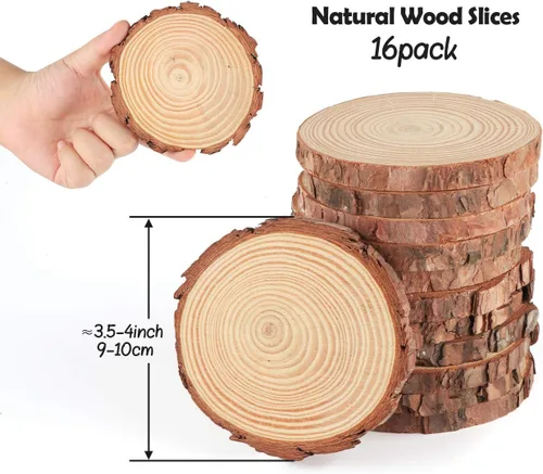 Miniatura 2 de ilauke Rebanadas de madera para manualidades de 3.5 a 4 pulgadas, manualidades de madera sin terminar, 16 piezas de madera natural con corteza
