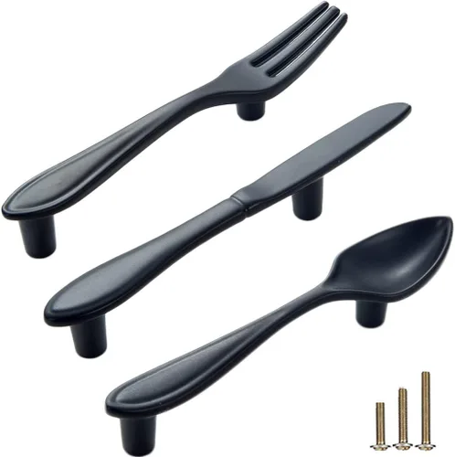 3 tiradores divertidos para gabinete, cubiertos creativos, forma de cuchillo, cuchara creativa, centro de agujeros de 3 pulgadas, tiradores vintage