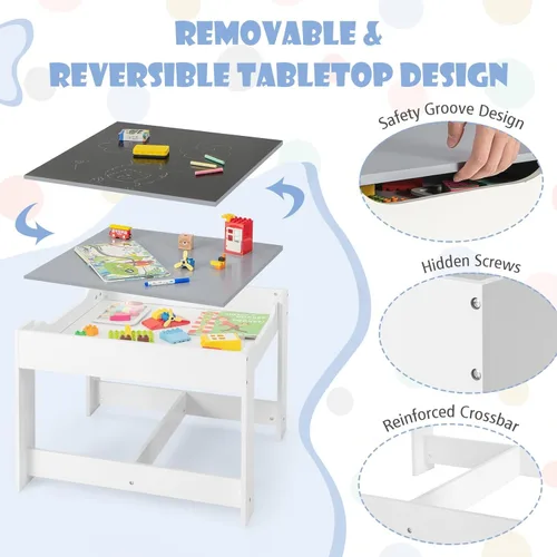 Miniatura 7 de HONEY JOY Mesa y sillas para niños, juego de actividades de madera 3 en 1 con almacenamiento, mesa desmontable, para arte, manualidades, dibujo, Gris