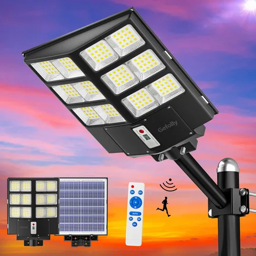 Gefolly SL-2000W Luces solares de calle al aire libre, 200000LM luz de estacionamiento comercial, 6500K anochecer a amanecer IP67 luces de