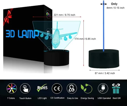 Miniatura 6 de Lámpara de ilusión de avión 3D con luz nocturna de avión con 7 colores cambiantes, control táctil con cable USB, LED, juguete de combate, lámparas
