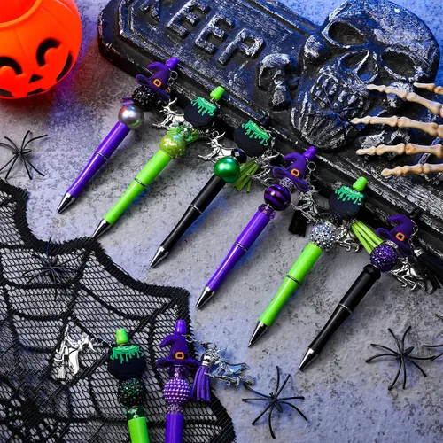 Miniatura 2 de Jutom Kit de 12 bolígrafos de cuentas de Halloween con cuentas de silicona focales, bolígrafos de bruja, caldero, púrpura, verde, para manualidades