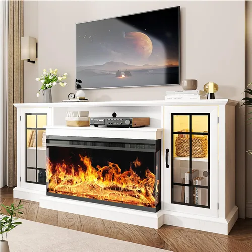 Miniatura 14 de oneinmil - Soporte de TV con chimenea de 59 pulgadas y vidrio en 3 lados para aparatos de hasta 65 pulgadas, centro de entretenimiento moderno