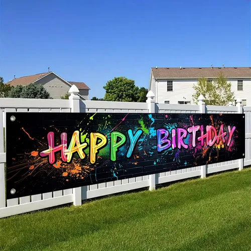 Miniatura 5 de BlissYard Cartel de feliz cumpleaños con diseño colorido de grafiti salpicaduras, vibrante y divertido, 118 x 20 pulgadas para fiesta de cumpleaños