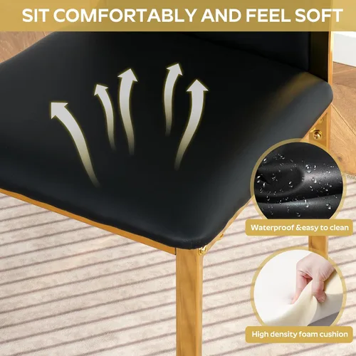 Miniatura 8 de Juego de mesa de comedor de cristal dorado moderno de 63 pulgadas para 6, juego de mesa de cocina rectangular de 7 piezas con patas de acero Negro