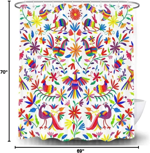 Miniatura 7 de Cortina de ducha con diseño floral de México, para baño, estilo tradicional mexicano Bluebird Otomi, diseño brillante, tela de cachemira, tela