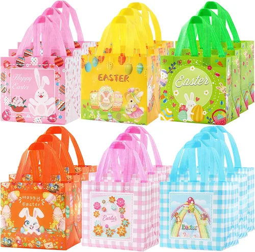 YANGTE Paquete de 18 bolsas de Pascua no tejidas con asa para juegos de caza de huevos para niños, fiesta de primavera, tamaño 8.2 x 5.8 x 8.2