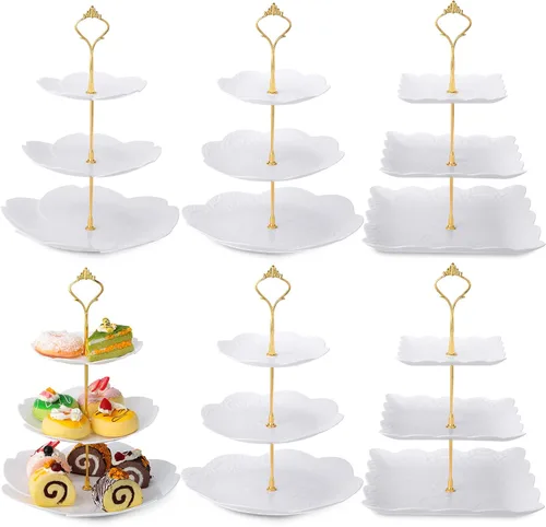 Miniatura 10 de Sawysine Paquete de 6 bandejas para servir de 3 niveles, torre de servicio de 3 niveles, soporte de postre a granel, bandeja de plástico grueso
