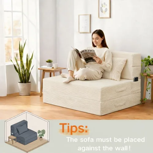Miniatura 8 de Sofá Cama Individual Plegable Silla Sofá Cama con Almohada, Twin, Beige Cama de silla plegable