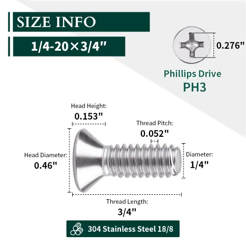 Miniatura 3 de Tornillos de máquina de cabeza avellanada plana de 1/4-20 x 3/4", Phillips Drive, acero inoxidable 304 18-8, rosca completa, rosca gruesa UNC, 25 PCS