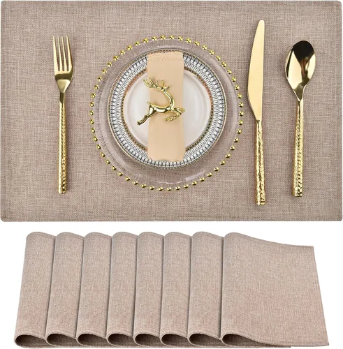Miniatura 24 de SLKQG Juego de 6 manteles individuales de lino beige, resistentes al calor y lavables a máquina, manteles individuales de tela de doble capa