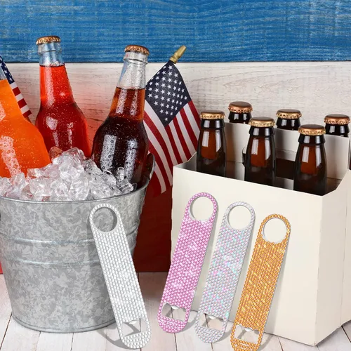 Miniatura 4 de Didaey Abrebotellas plano con purpurina, 4 unidades, acero inoxidable, barra de cerveza, barman clave, amigos, abridor de cerveza con diamantes