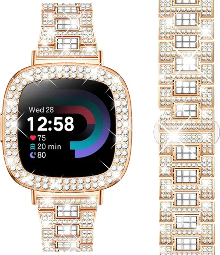 Miniatura 11 de Dsytom Bling Banda de Reloj Elegante Compatible con Fitbit Versa 4, Sense 2, Versa 3, Sense - Correa Linda con Funda Protectora de Rinstone